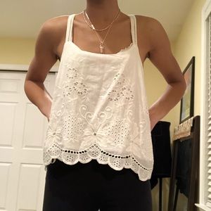 Cropped white lace design tank top